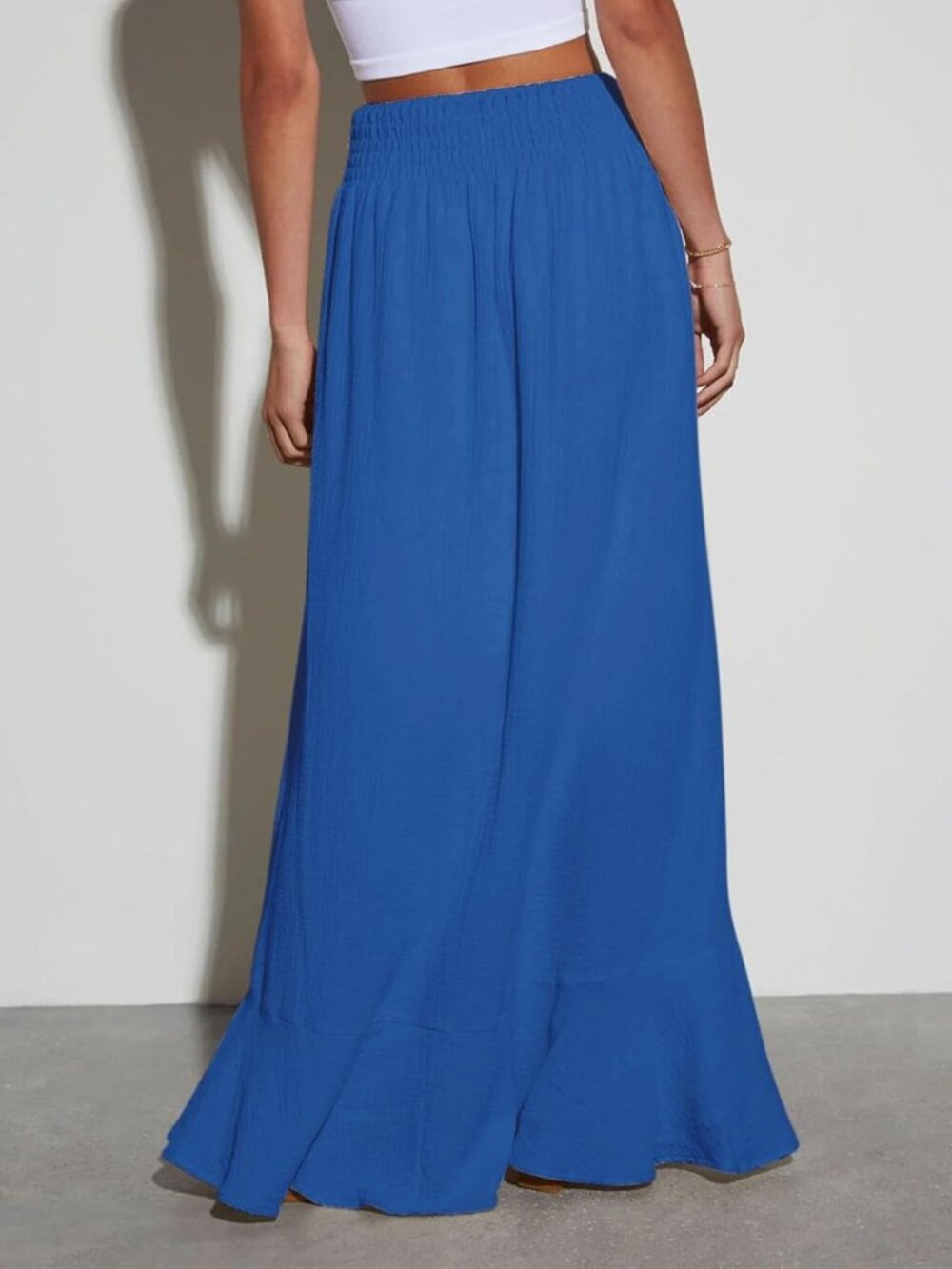 Women's Blue Tie Elastic Button Down Loose Flowy Swing Slit Front Maxi Skirt - Picture 3 of 6